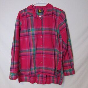 Life is Good Shirt Pink Plaid Long Sleeve Button Up Collared Cotton Womens Small